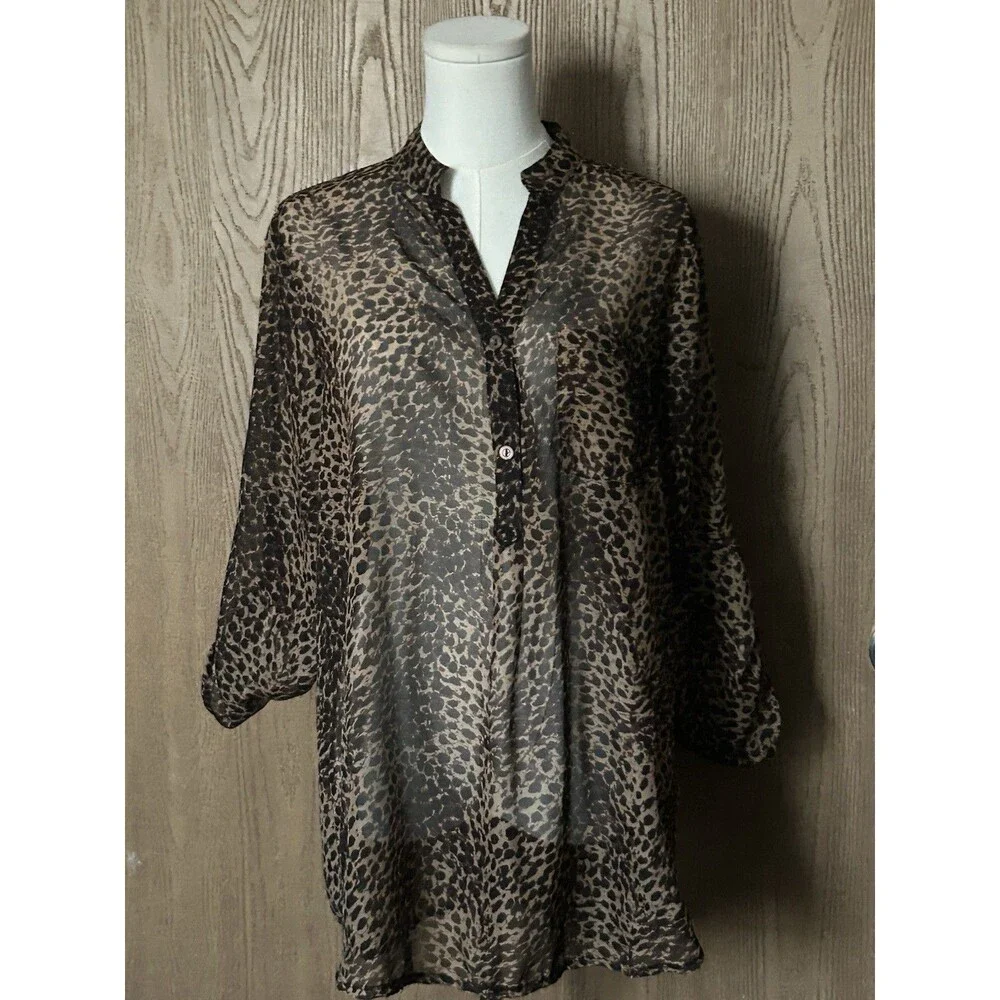 Mix It Sheer Leopard Print Button-Up Blouse in Brown and Black - Picture 2 of 12